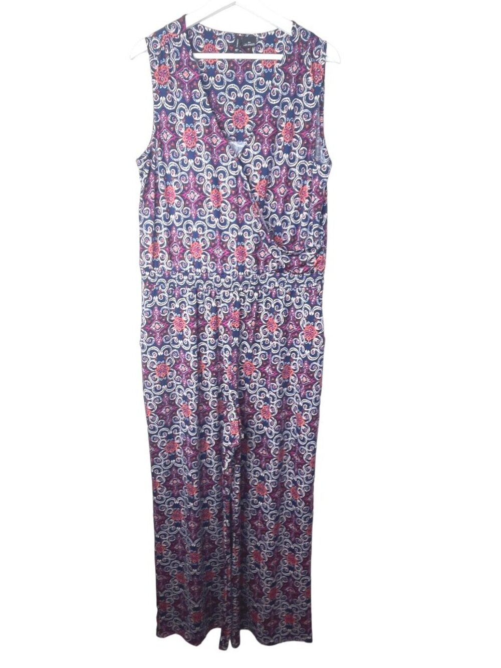 New Directions Women's XL Blue Sleeveless Wide Leg Boho Ikat Jumpsuit